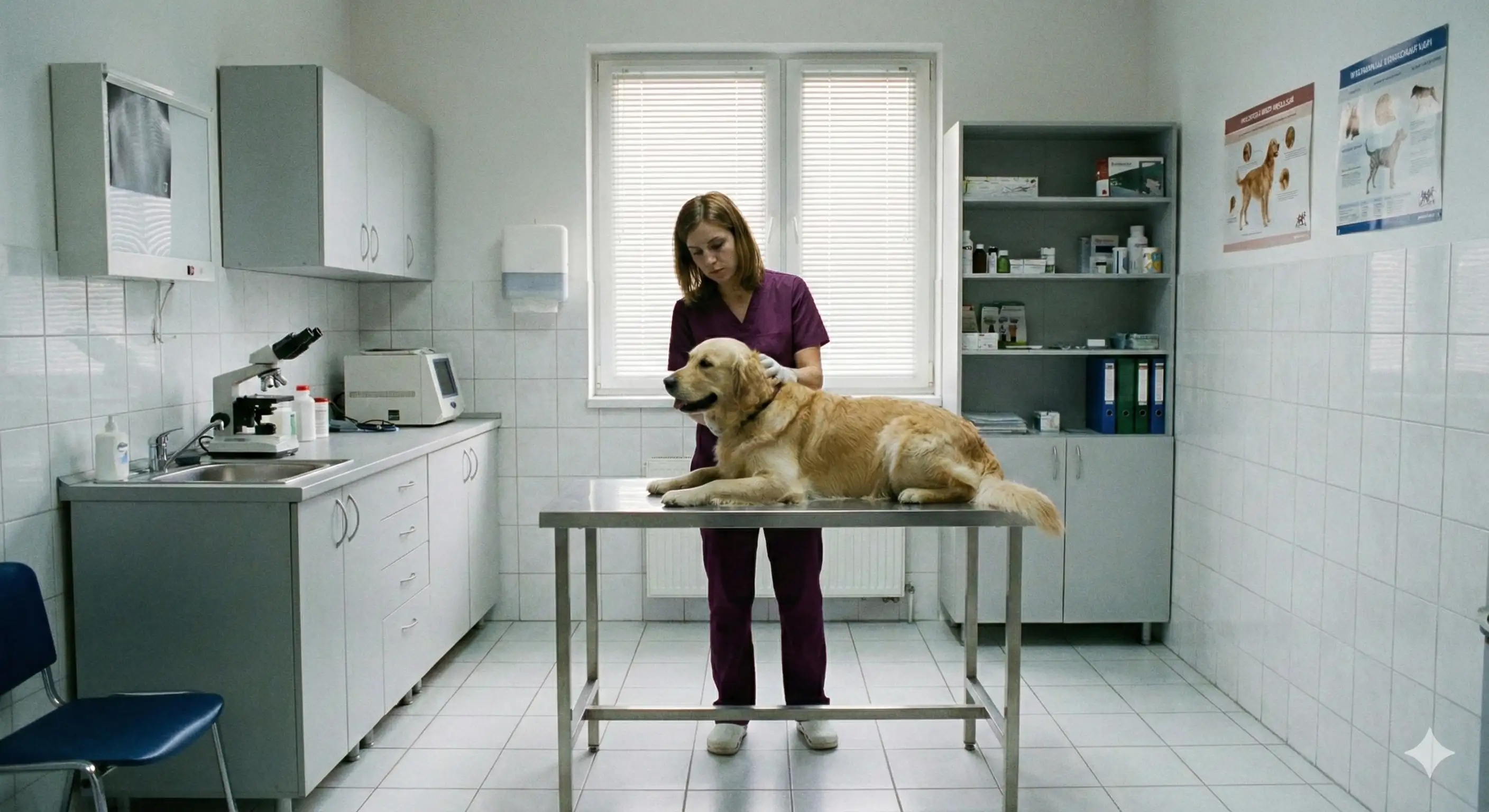 Veterinária atendendo cachorro com carinho no Ceron Centro Veterinário em Porto Alegre